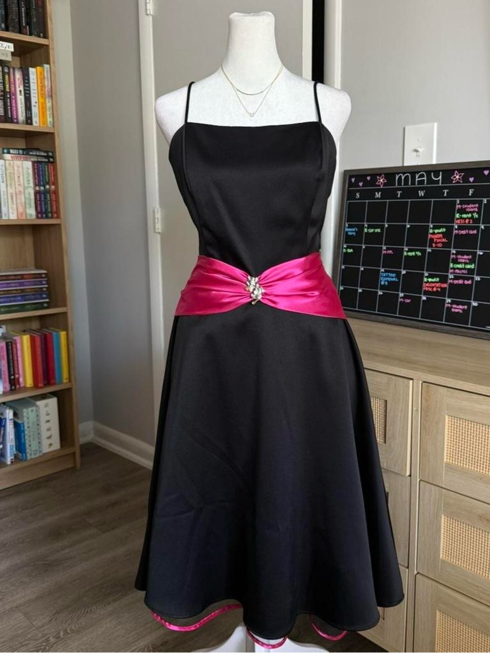 vintage 90s black aspeed midi formal dress with pink belt